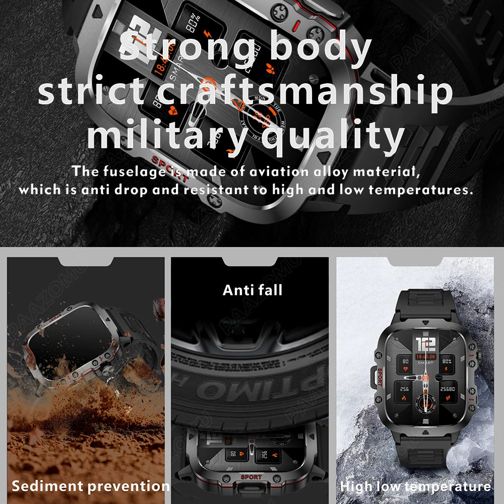 New Smartwatch Men's Rugged Military Bluetooth Call Sport | Heart Rate Monitor IP68 Waterproof Outdoor Smart Watches | Compatible with Android and iOS