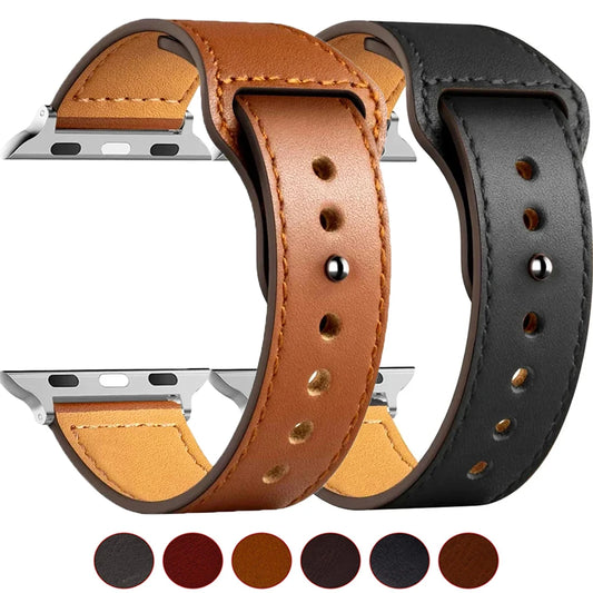 Genuine Leather Loop Strap For Apple Watch Band 45mm Ultra 2-1 49mm 44mm 41mm 40/38/42mm Bracelet iWatch Series 9 8 7 3 4 5 6 SE | Comfortable Wristband with Magnetic Closure | Alo Trendy