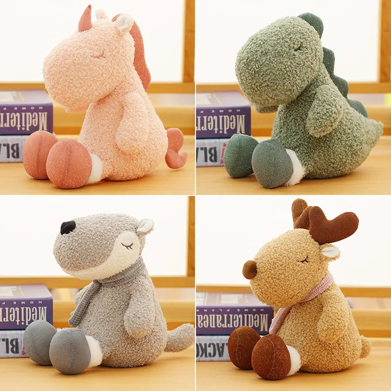 23cm Cute Pink Unicorn Stuffed Animal Plush Toy | Gray Curly Wolf Doll | Brown Deer Plush Toy | Green Sitting Posture Little Dinosaur | Alo Trendy