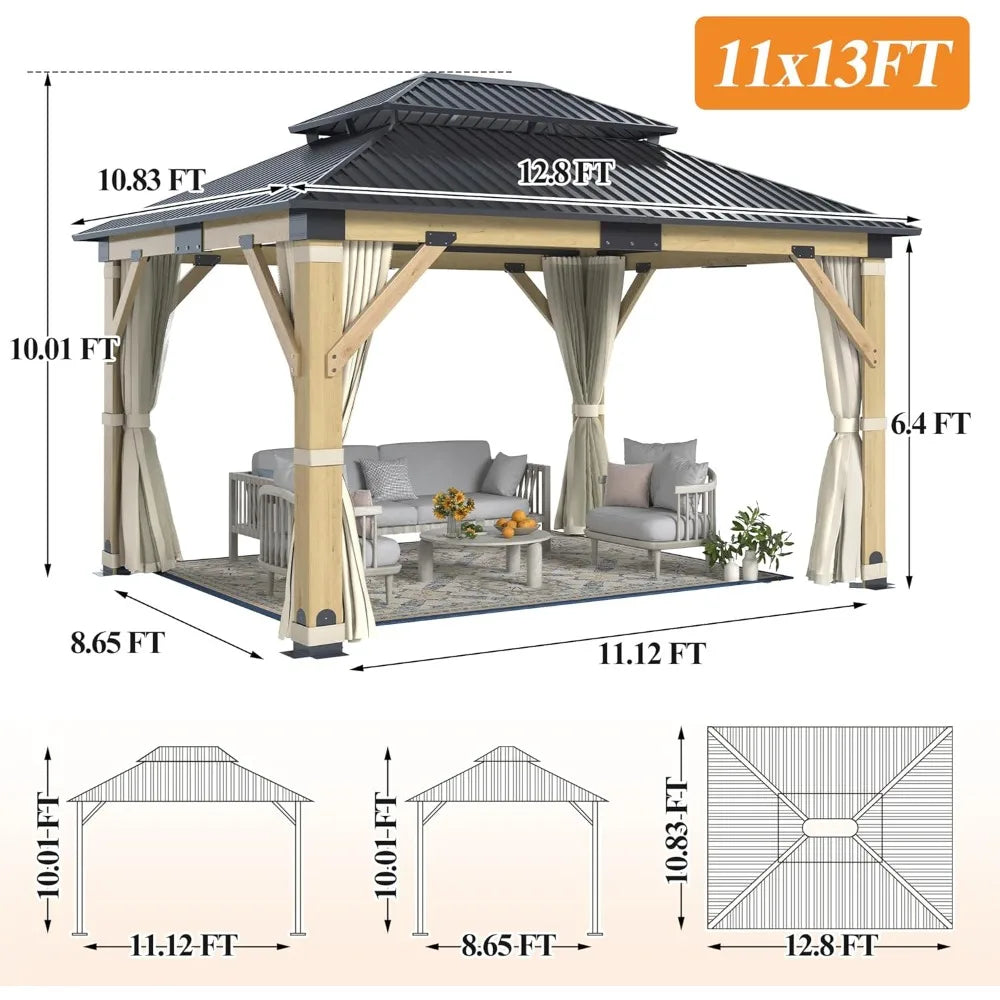 11'x13' Patio Wooden Gazebo | Galvanized Steel Roof with Privacy Curtains & Netting | Double Vented Hardtop Gazebo