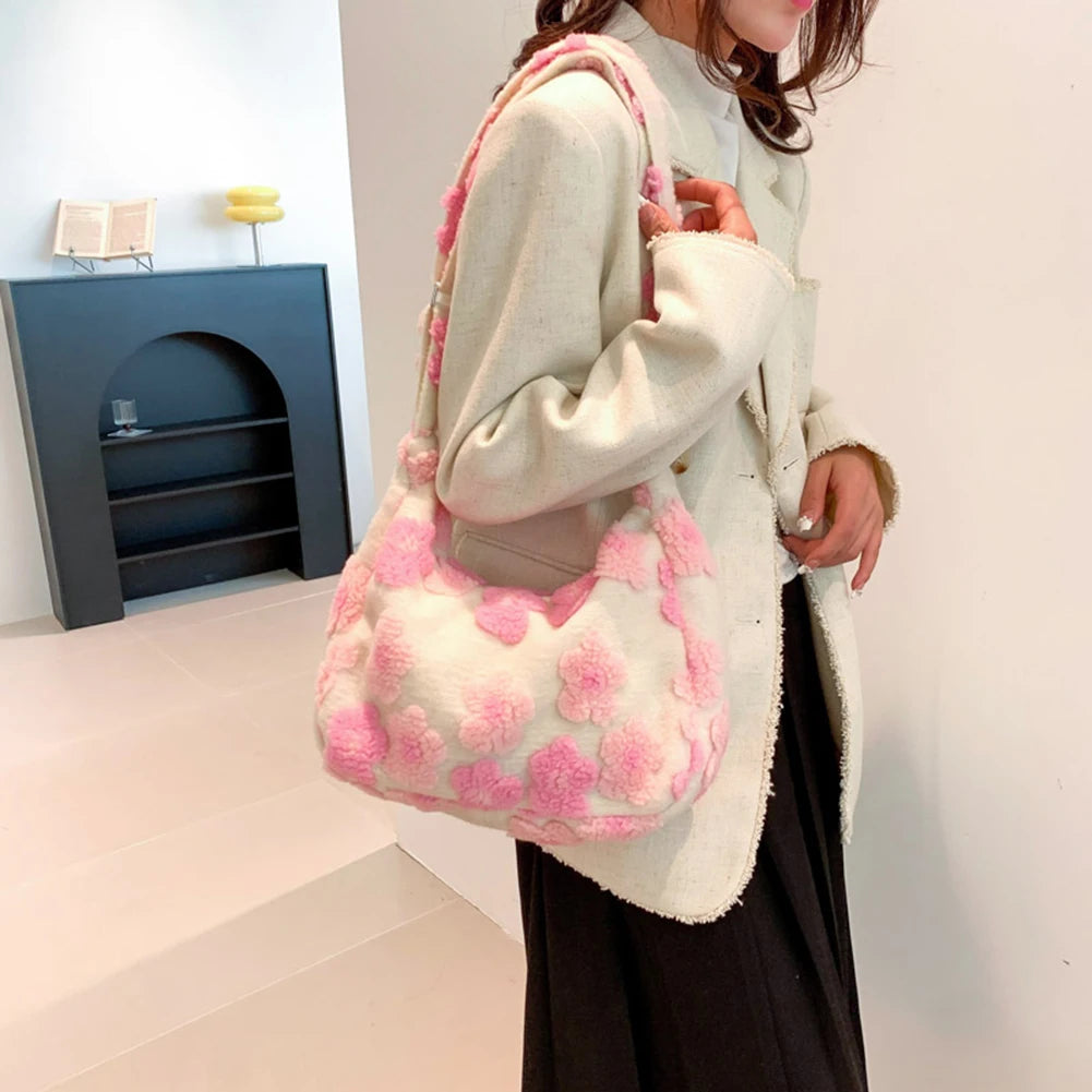 Winter Fluffy Ladies Tote Handbag Flower Print Furry Satchel 2023 Y2K Faux Fur Crossbody Bags Women's Plush Fashion Shoulder Bag