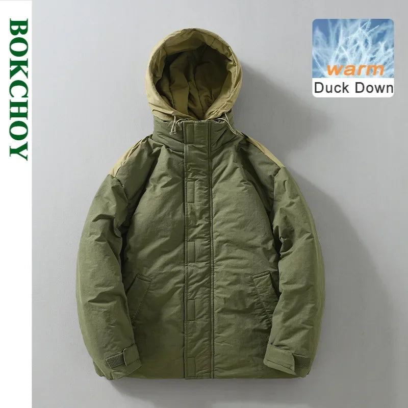 2024 Winter Cargo Hooded Down Jacket for Men | 85% White Duck Down Thickened Casual Loose Fit | Warm Zipper Jacket