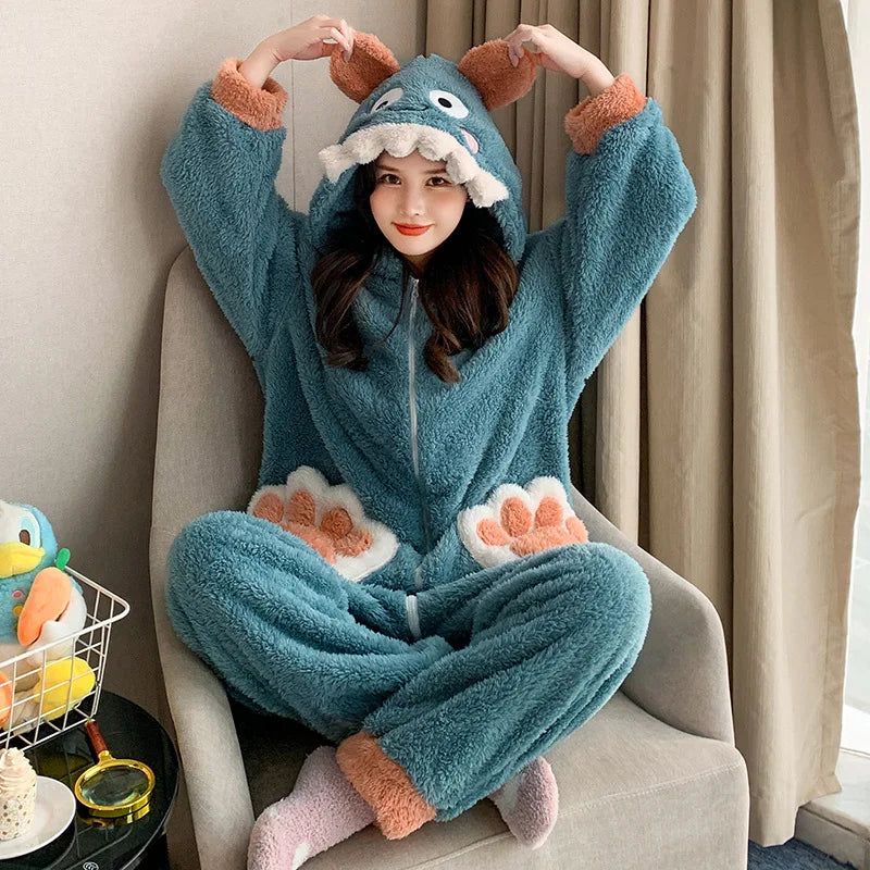 Winter Pajamas For Women Cartoon Onesie Homewear Lounge Sleepwear Warm Comfy Soft Fluffy Good Quality Kawaii Girls Dorms Pajama