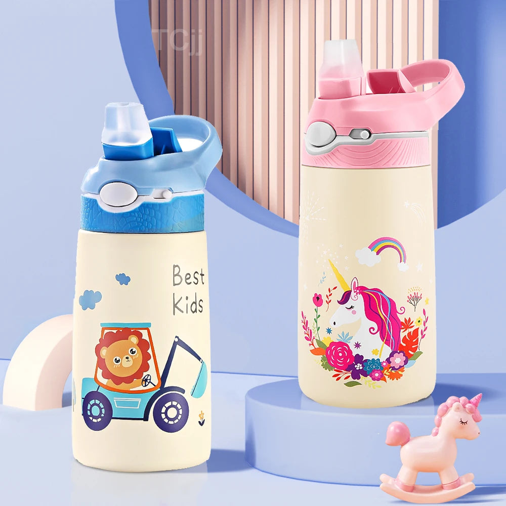 400ML Kids Water Bottle Cartoon Animal Children's Cup With Straw | Stainless Steel Vacuum Flasks Thermos Bottle Thermal Mug Cups | Cute and Practical