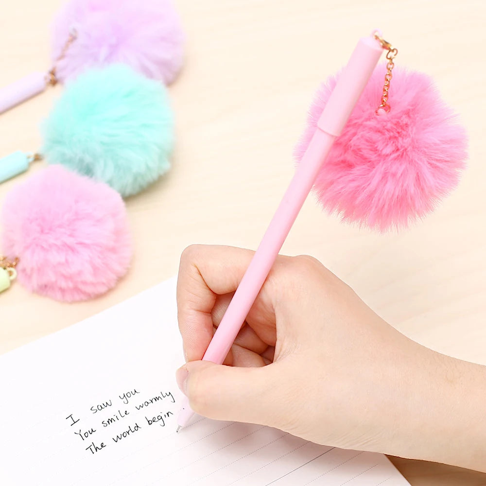 40~100pcs Funny Kawaii Cute Pen Fluffy Ball Gel Pen Pendant | Blue Fashion Stationery School Supply Office Accessory Wedding Thing | Alo Trendy