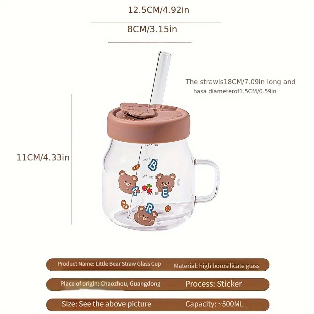 1pc 500ml Cartoon Bear Glass Cup With Lid And Straw | High Borosilicate Water Mug With Handle | Iced Coffee Cups Drinking Glasses | Alo Trendy