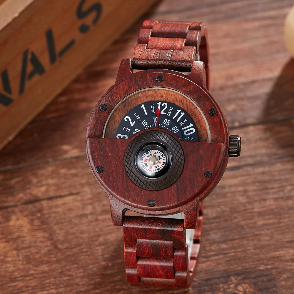 Turntable Compass Creative Wood Watch | Men's Dial in Real Walnut, Ebony, Bamboo | Unique Wooden Watches for Men | Brown and Black Wrist Clock