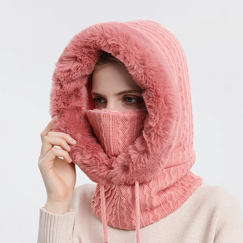 Winter Hat for Women with Hooded Face Mask | Thickened Style Knitted Cashmere Neck Scarf Beanie | Fluffy Warm Hooded Cap Neck Warmer