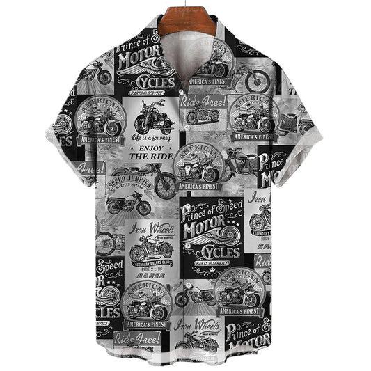 Vintage Men's Shirts Motorcycle Tees | Route 66 Print Short Sleeve Top | Summer Clothing Multiple Pattern Shirt | Oversized Streetwear