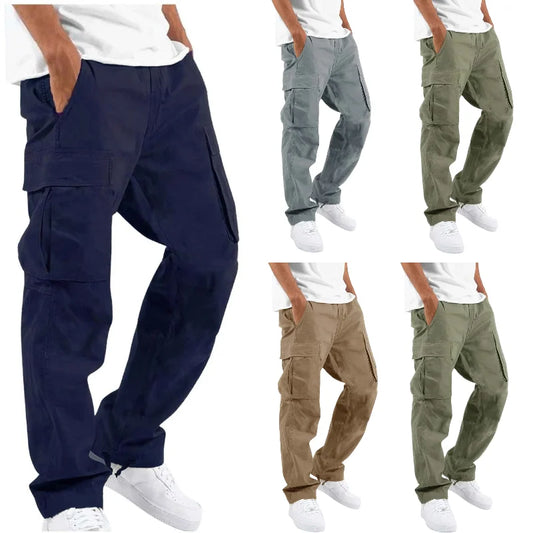 Men's Cotton Loose Sports Trousers for Men | Solid Color Multi-Pocket Drawstring Cargo Pants | Comfortable and Versatile Casual Wear