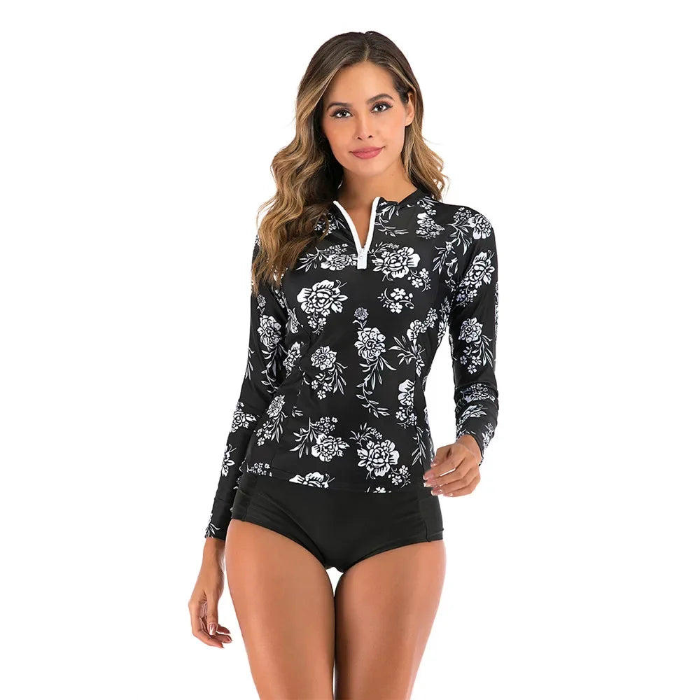 Long Sleeve Rash Guard Women Print Two Piece Swimsuit | Zipper Swimwear Plus Size Bathing Suit S-2XL | Surfing Suit High Neck Beach | Alo Trendy