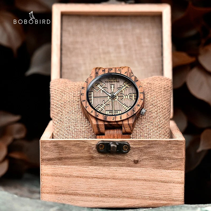 Viking Vegvisir Man's Wooden Watches | Vintage Watch for Men | Wood Clock with Norse Mythology Design