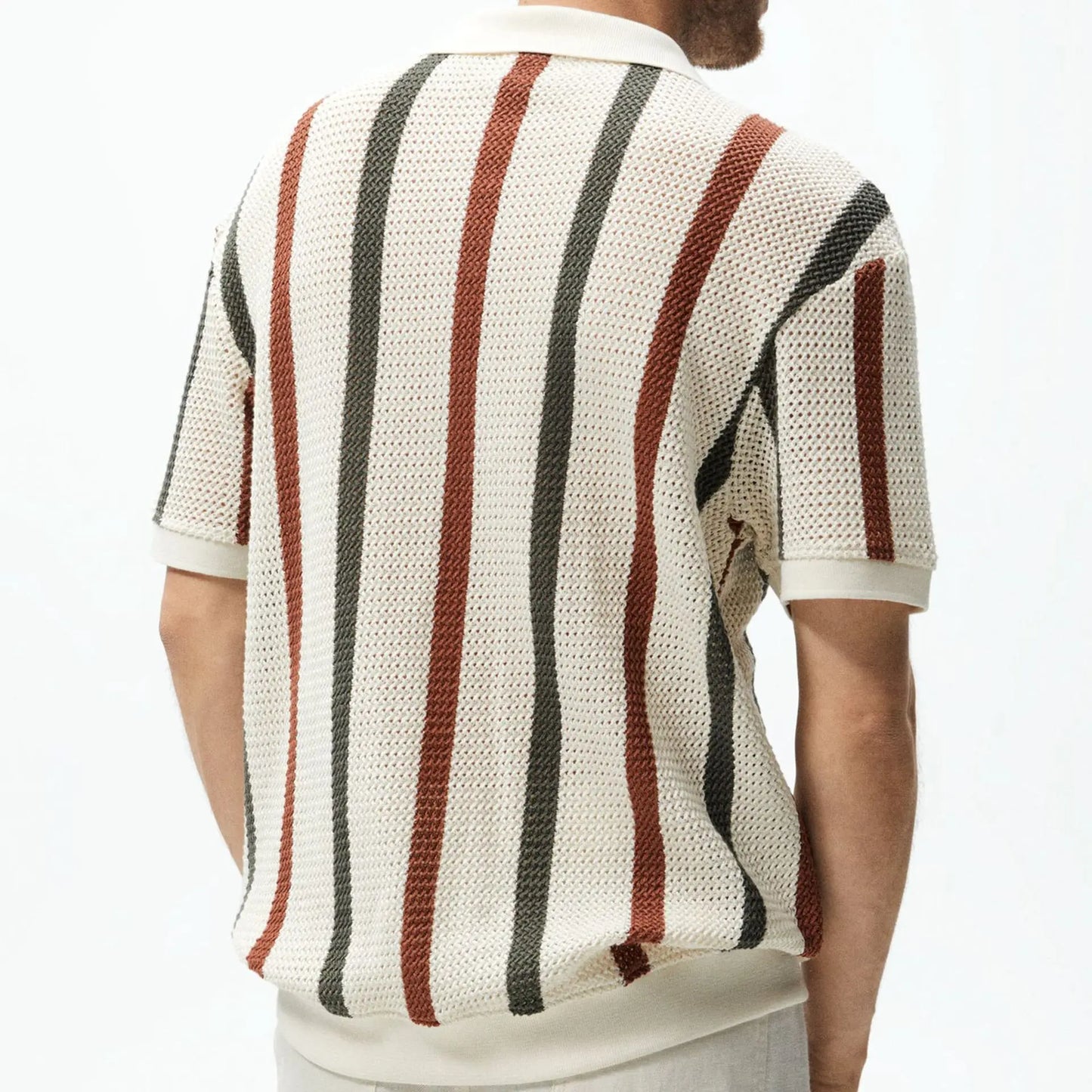 Men's Crochet Knit Polo Shirt | Casual T-shirt Knitted Sweater | Striped Contrast Color Wool Casual Polo Shirt