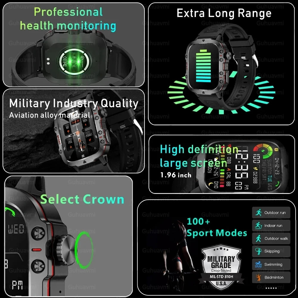 Rugged Military GPS Smart Watches for Men | Huawei Xiaomi iOS Compatible | 3ATM Waterproof Sport Fitness Smartwatch with AI Voice | Outdoor Clock