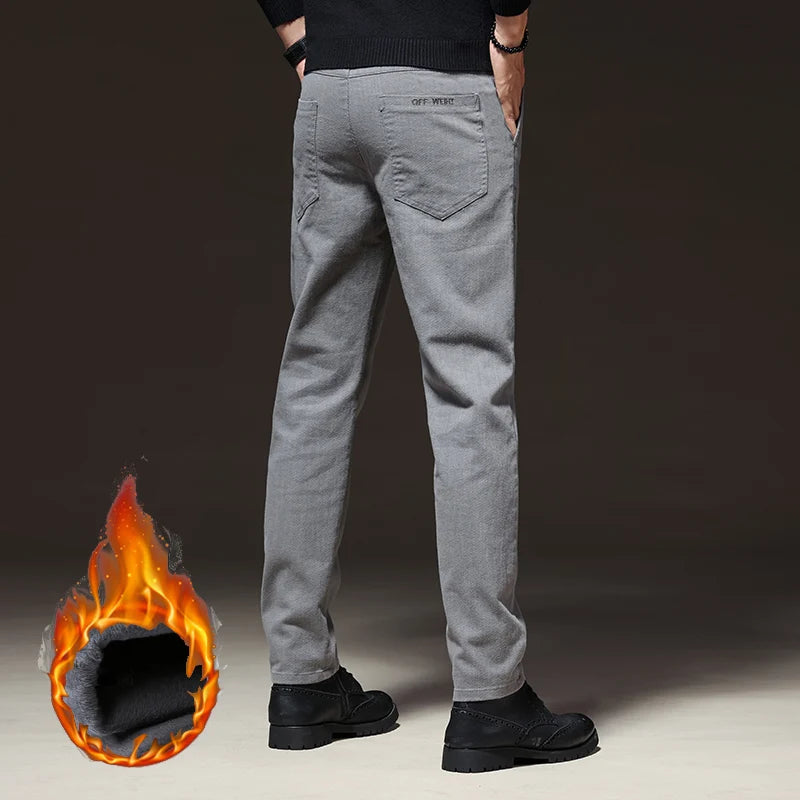 Winter Men's Warm Fleece Stretch Business Pants | Elastic Waist Thick Fur Cotton Soft Slim Straight Trousers | Stylish Male Brand Clothing