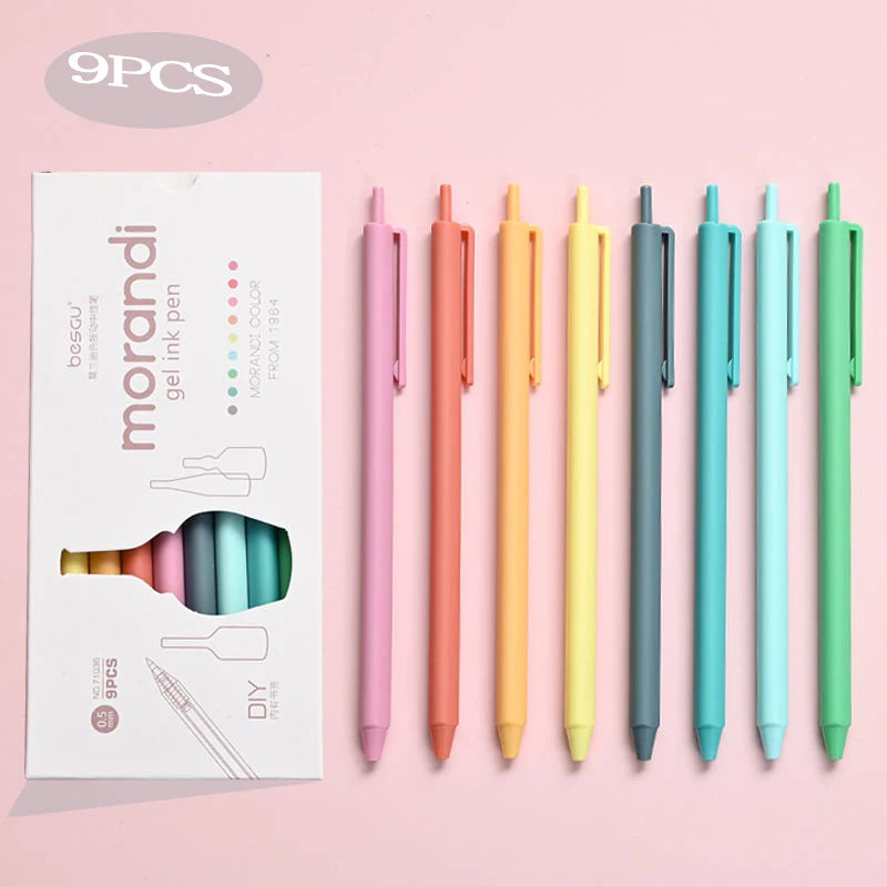 9pcs Korean Kawaii Candy Color Hand Account Pen Set | Student Simple Neutral Pens | Morandi Press | Colorful Writing Pens