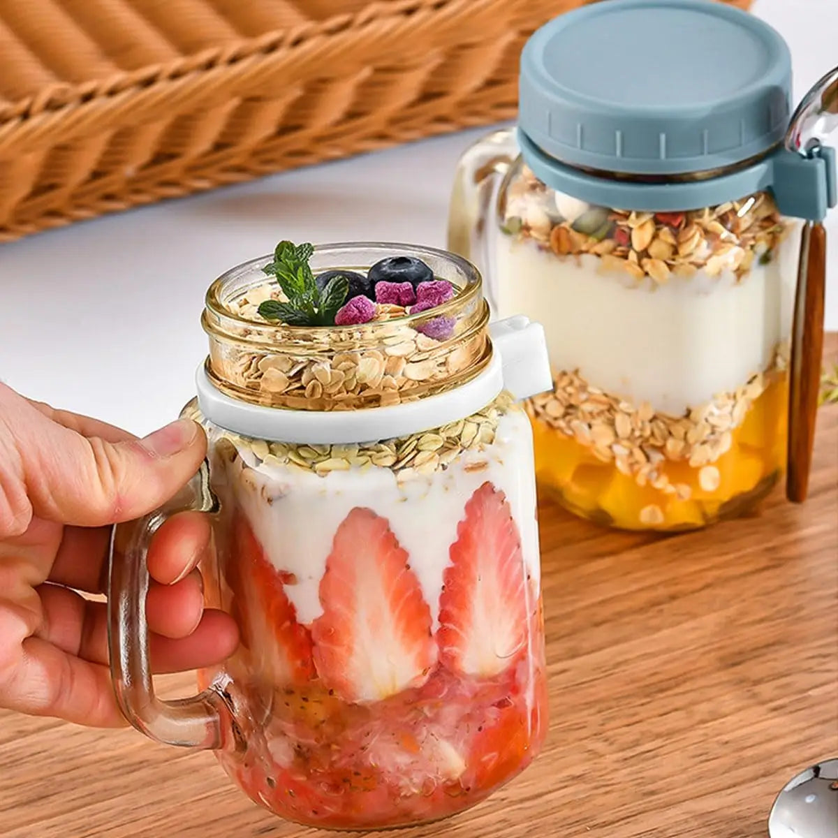 2PC Overnight Oats Jars Food Containers with Lids | 16 oz Glass Mason Jars Cups Breakfast Mason Salad Yogurt Spoon and Glass Holder | Convenient Storage Solution | Alo Trendy