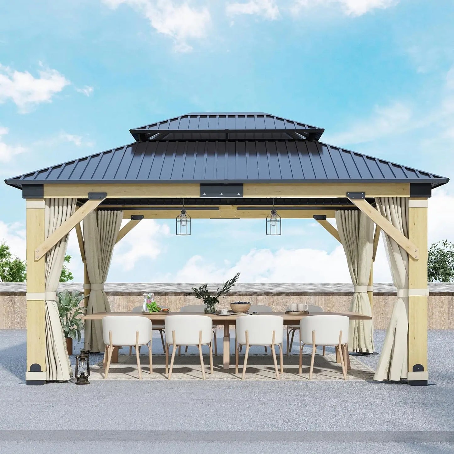 11'x13' Patio Wooden Gazebo | Galvanized Steel Roof with Privacy Curtains & Netting | Double Vented Hardtop Gazebo