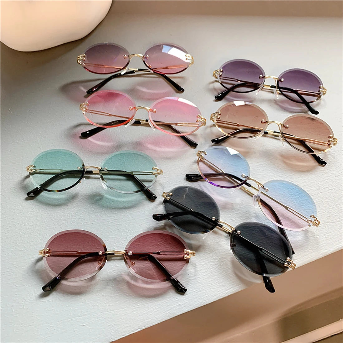 Small Frame Fashion Rimless Y2K Sunglasses for Women | Luxury Brand Designer Retro Tear Shape Party Eyewear