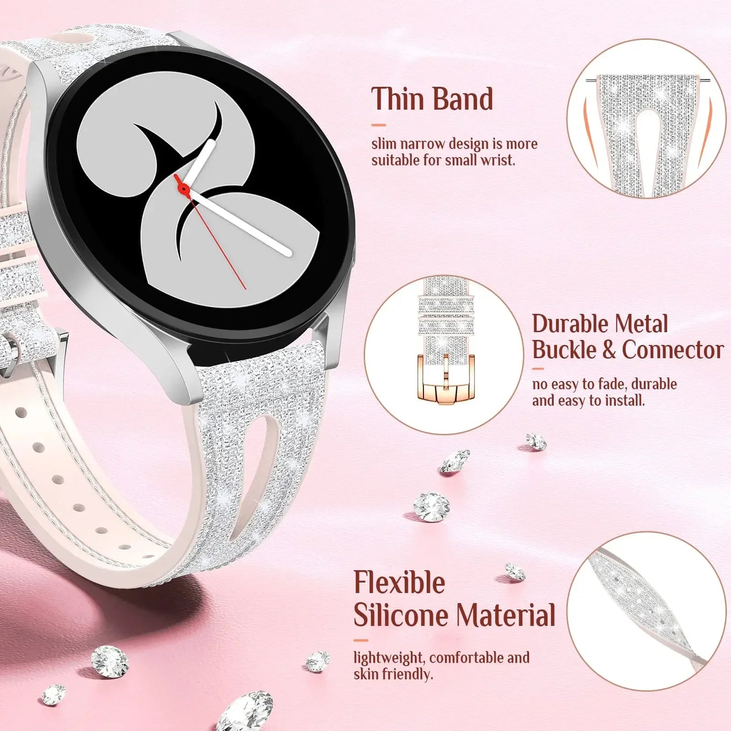 20mm Thin Bling Silicone Band for Samsung Galaxy Watch 6/5/4 40mm 44mm | Glitter Elegant Bracelet for Galaxy Watch 3 41mm Strap