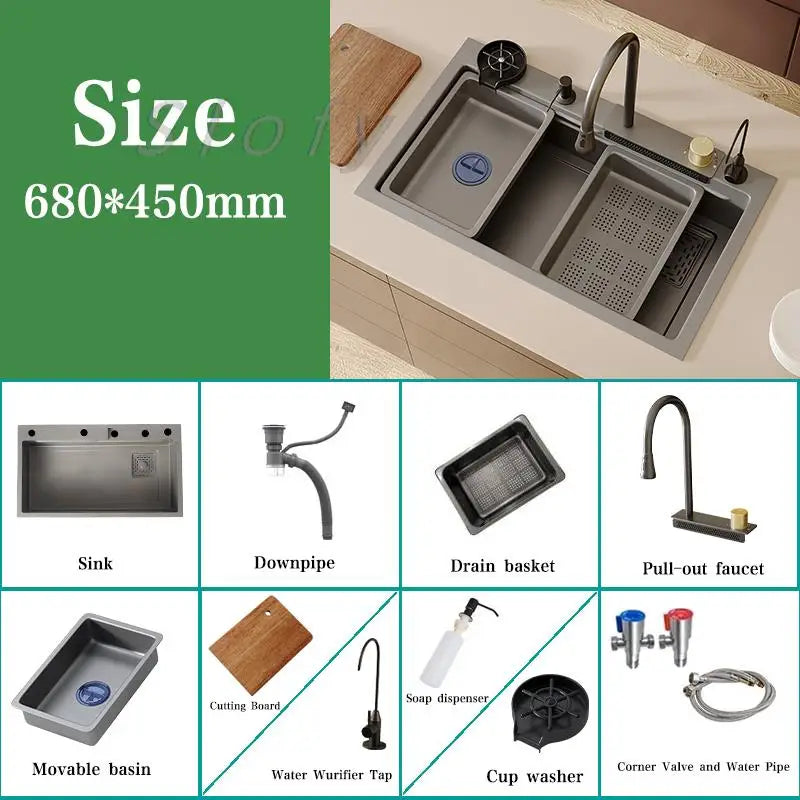 White/Balck/Grey 304 Stainless Steel Waterfall Kitchen Sink Single Bowl Wash Basin Home Sink Topmount  Workstation Drainage Set