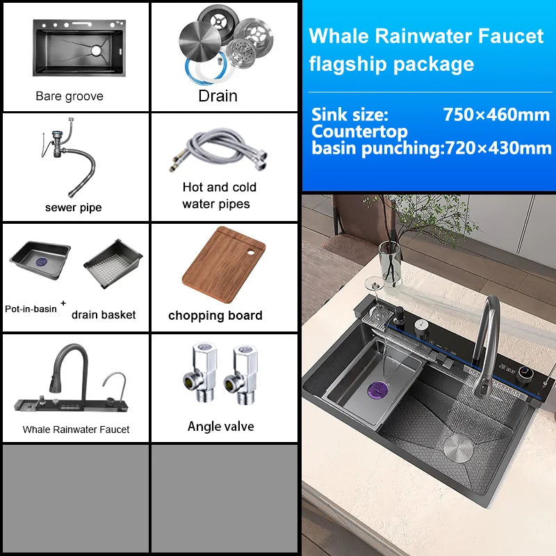 Waterfall Stainless Steel Kitchen Sink With Knife Holder Honeycomb Embossed  Large Single Slot Farmhouse Washing Basin