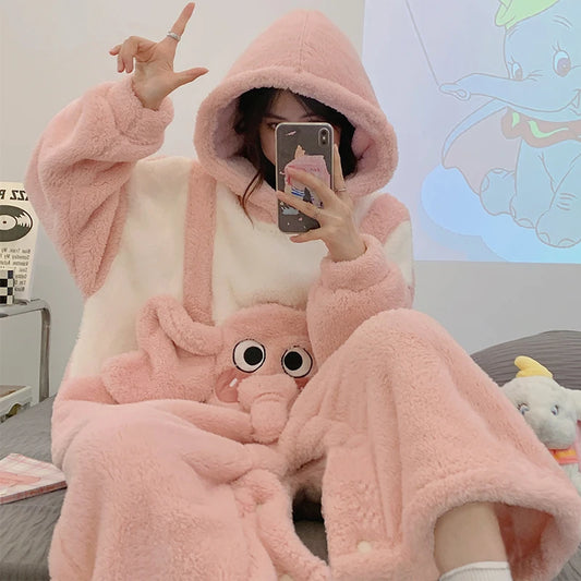 Winter Women Sleepwear Kigurumis Elephant Onesie Pajamas Thicken Pijama mujer Jumpsuits Homewear Fleece Velvet Hooded Pyjama