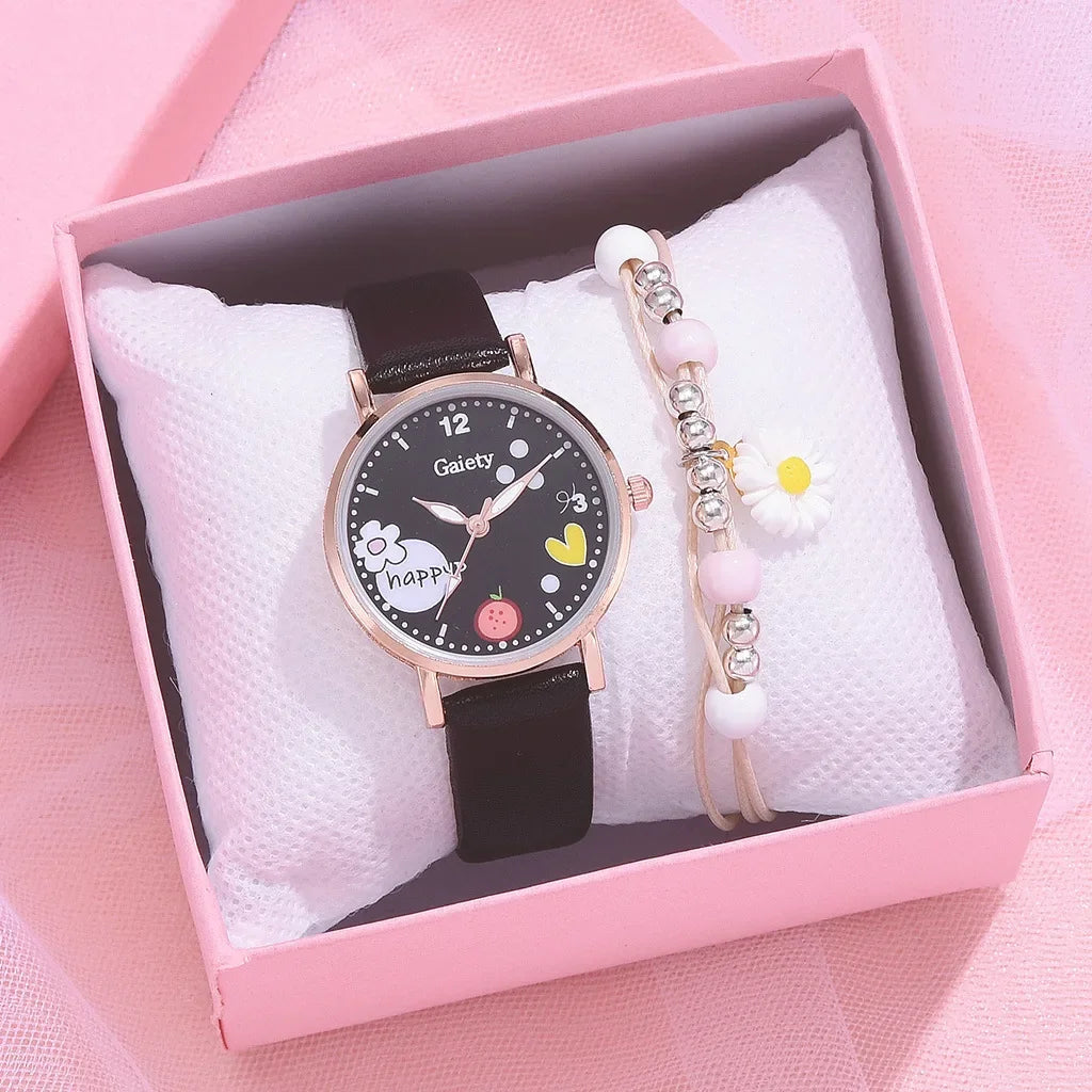 Kids Watches Pink Cute Children's Wristwatch | Cartoon Pattern Quartz Watch Set for Girls | Fashion Students' Clock Relogio Feminino