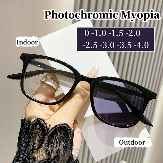 Fashionable Men and Women Photochromic Glasses | Square Myopia Eyeglasses | Outdoor Color Changing Short-Sighted Eyewear with Diopters | Alo Trendy