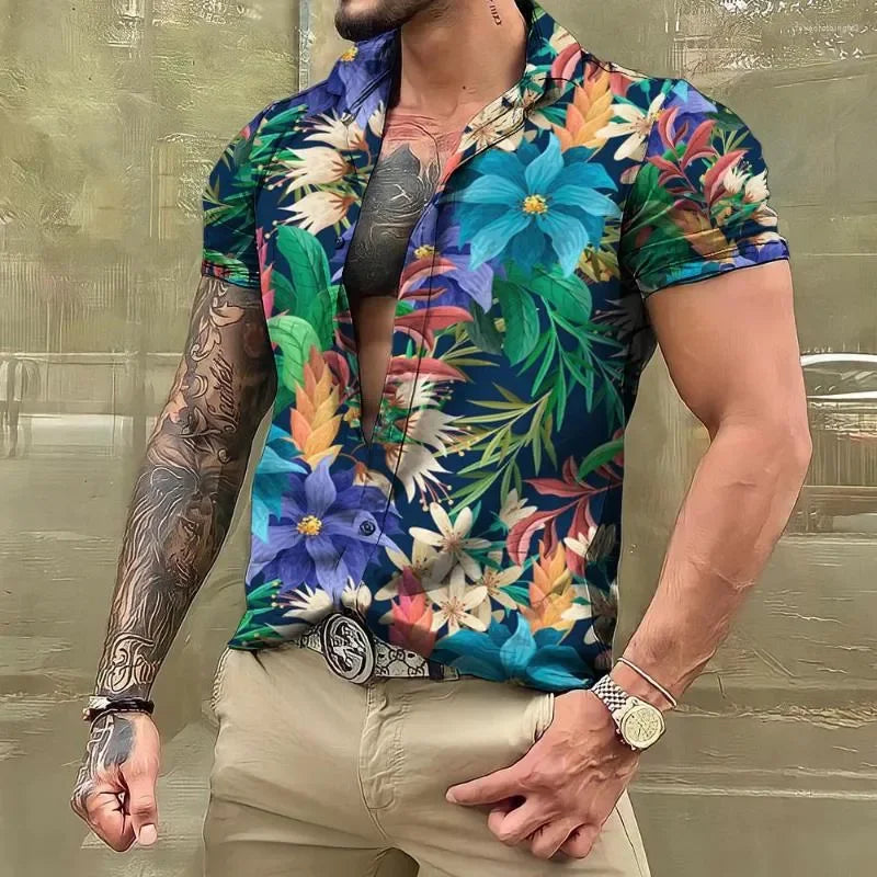 Men's Casual Hawaiian Shirt | 3D Tropical Print Beach Short Sleeve Tops | Oversized Poplin Blouses