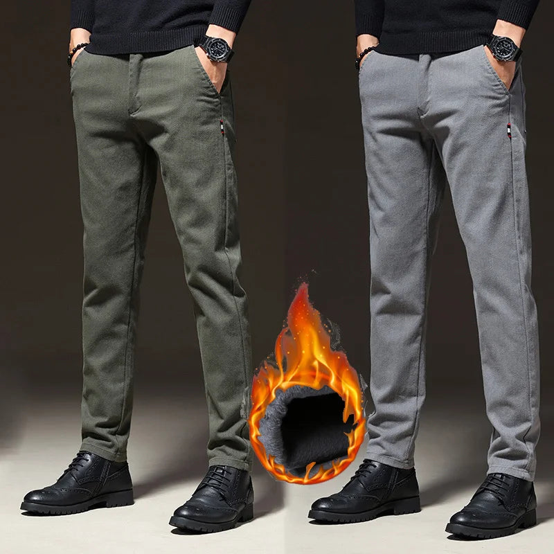 Winter Men's Warm Fleece Stretch Business Pants | Elastic Waist Thick Fur Cotton Soft Slim Straight Trousers | Stylish Male Brand Clothing