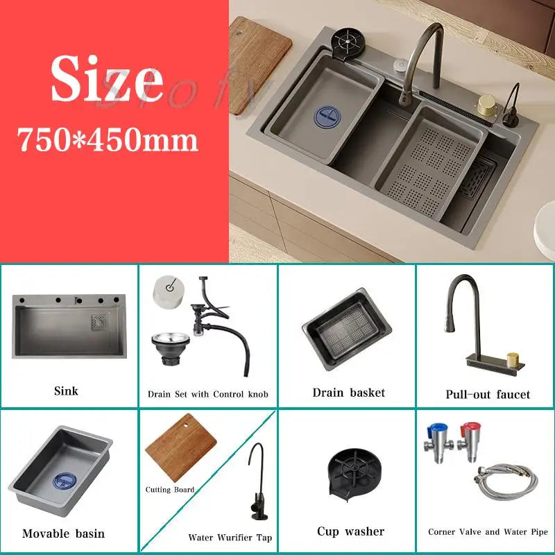 White/Balck/Grey 304 Stainless Steel Waterfall Kitchen Sink Single Bowl Wash Basin Home Sink Topmount  Workstation Drainage Set