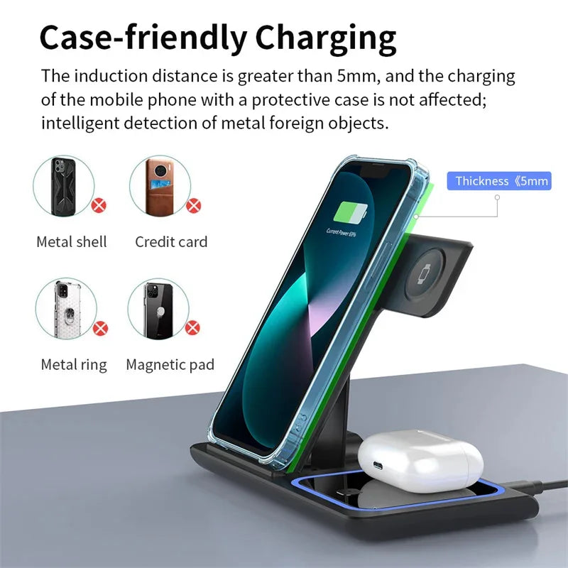 Wireless Charger 3 in 1 For iPhone 15 14 13 12 Pro Max 11 15W Fast Charging Dock Station For Apple Watch Airpods Induction Stand