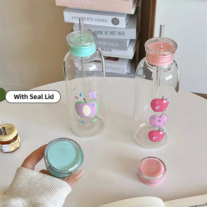 Kawaii Glass Straw Water Bottles For Girls | Transparent Glass School Leakproof Heat Resistant Juice Milk Tea Drinkware Water Cup | Alo Trendy