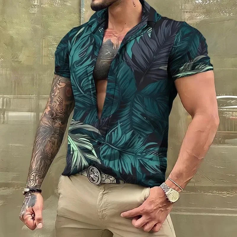 Men's Casual Hawaiian Shirt | 3D Tropical Print Beach Short Sleeve Tops | Oversized Poplin Blouses