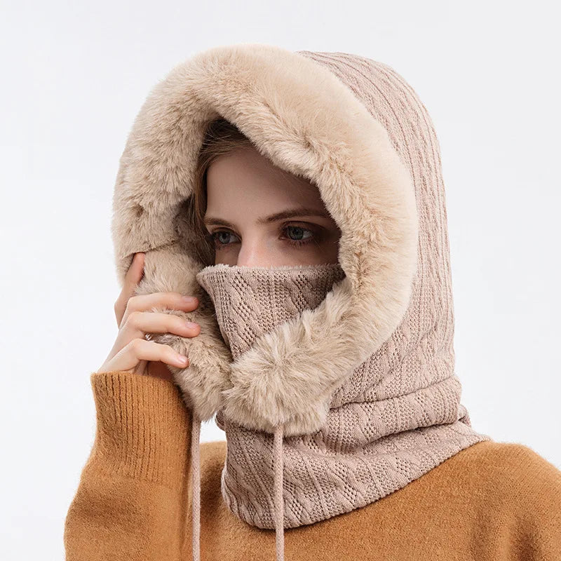 Winter Hat for Women with Hooded Face Mask | Thickened Style Knitted Cashmere Neck Scarf Beanie | Fluffy Warm Hooded Cap Neck Warmer