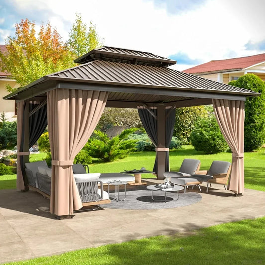 10x12 FT Hardtop Gazebo | Aluminum Frame with Galvanized Steel Double Roof | Permanent Outdoor Gazebo with Nettings and Curtains