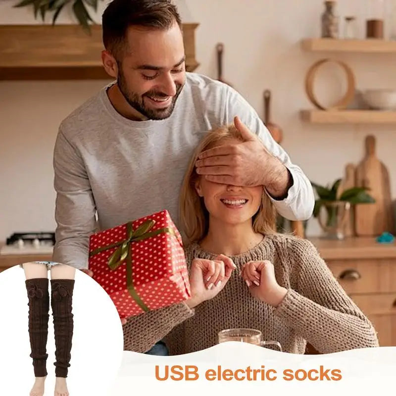 1 Pair USB Thermal Warm Socks | Stylish Christmas Push Socks | Knitted Extended Solid Color Over-the-Knee Heated Anti-Cold