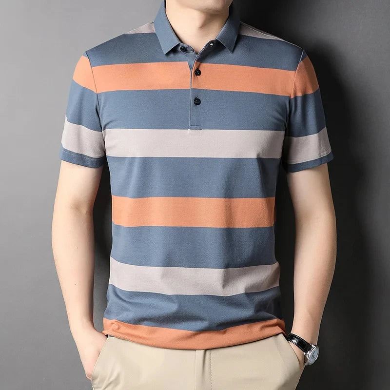 Summer Men's Polo Shirts | Short Sleeve Business Stripes Print | Daily Casual Tops Sportwear Oversized T-Shirt