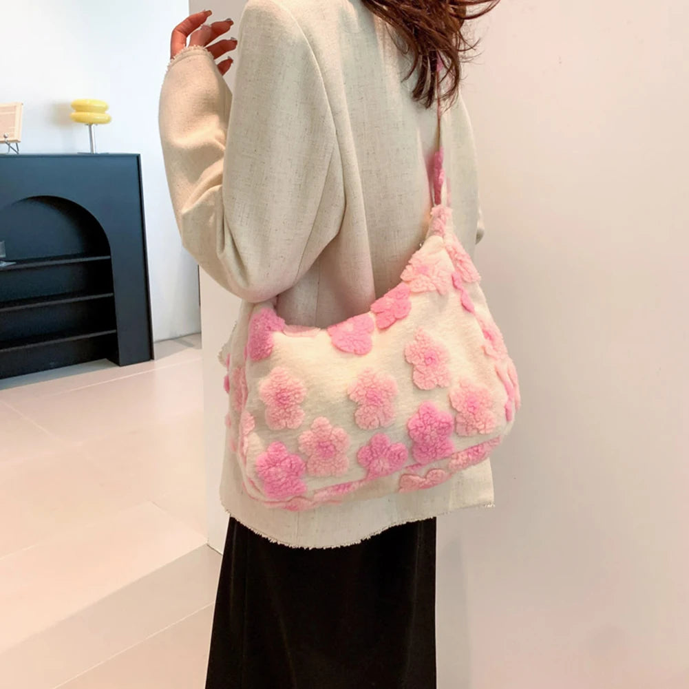 Winter Fluffy Ladies Tote Handbag Flower Print Furry Satchel 2023 Y2K Faux Fur Crossbody Bags Women's Plush Fashion Shoulder Bag