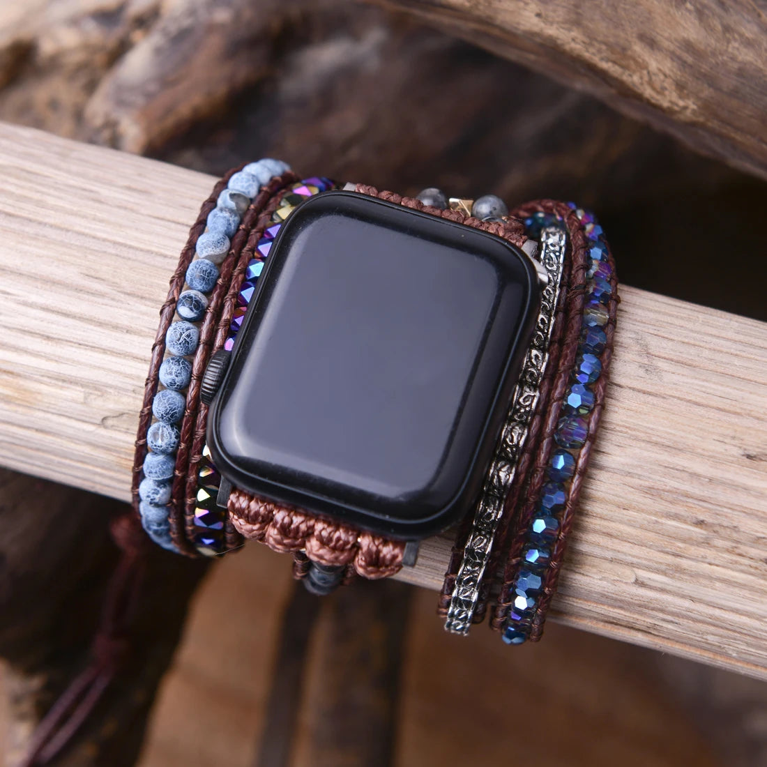 Natural Stone Apple Watch Band | Boho 5 Wrap Beads Vegan Rope Watch Strap | Vegan Wrist Arm Band Bracelet