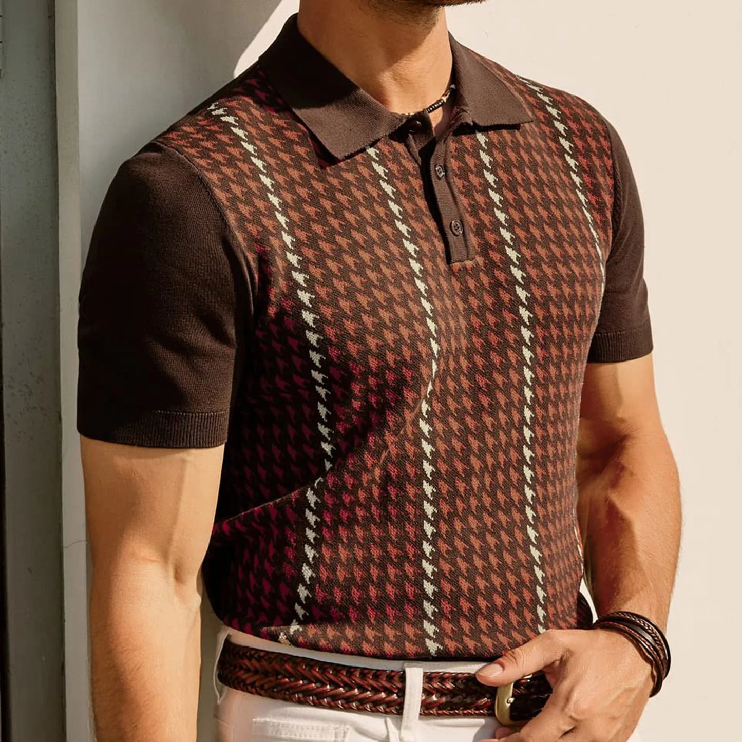 Men's Vintage Knit Houndstooth Golf Shirts | Summer Polos Para Hombres | Casual T-Shirt Men Polo Shirts | Old Money Style