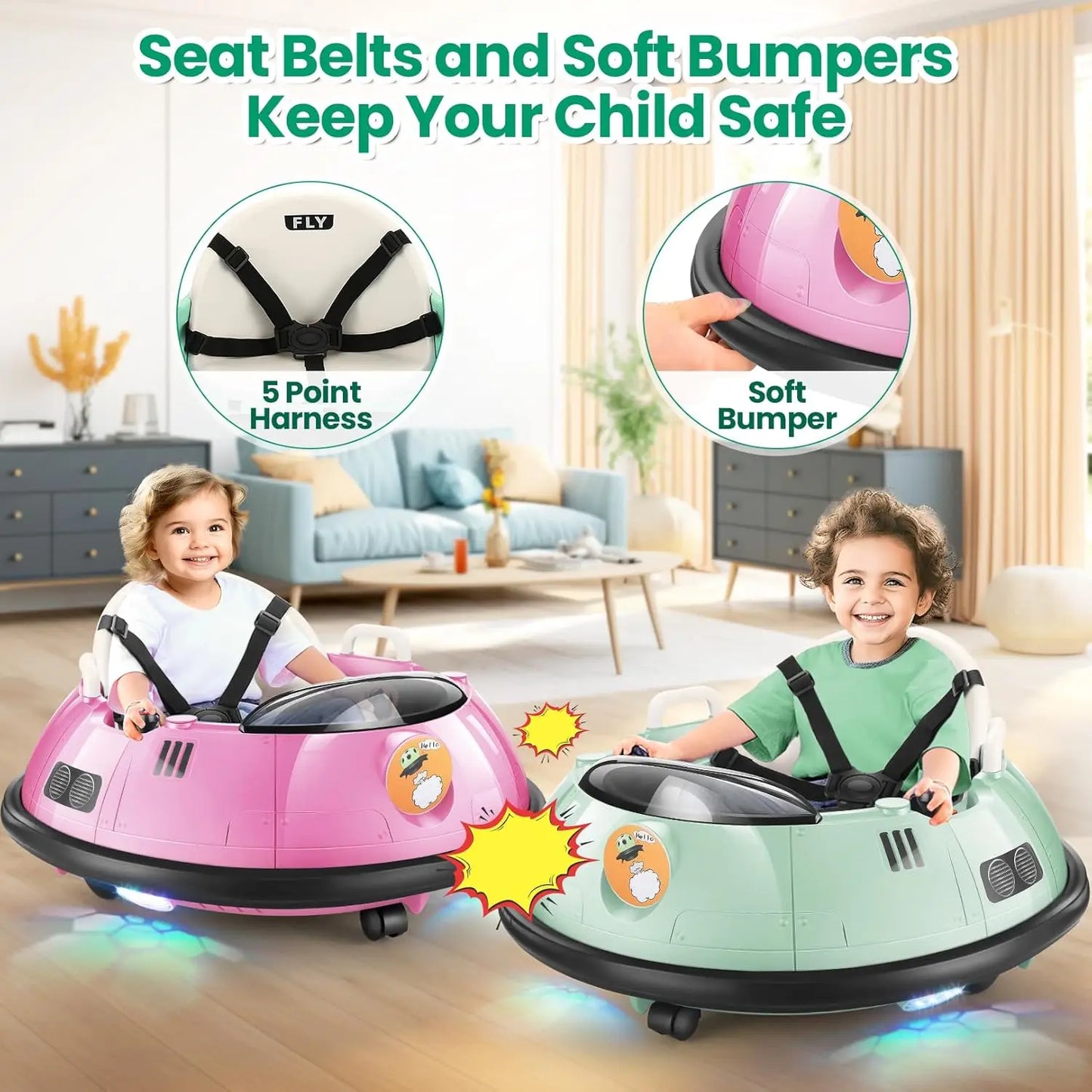 12V Kids Bumper Car for Toddlers 1-3 Years | Remote Control, 360-Degree Spin, LED Lights & Horn | Safe Baby Bumper Car with 5-Point Harness