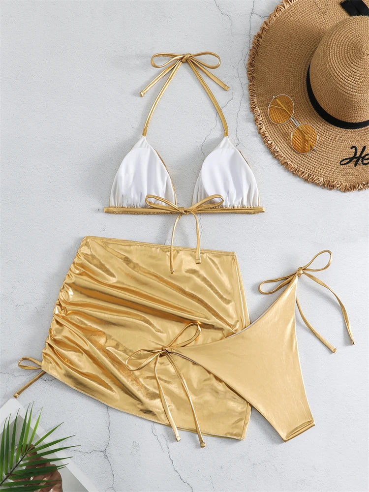 Bikini Women Swimsuit 2024 | New Gold Halter Lace Up Bikinis Set | Sexy Swimwear Beach Cover Up 3 Piece Beach Bathing Suit Female | Alo Trendy