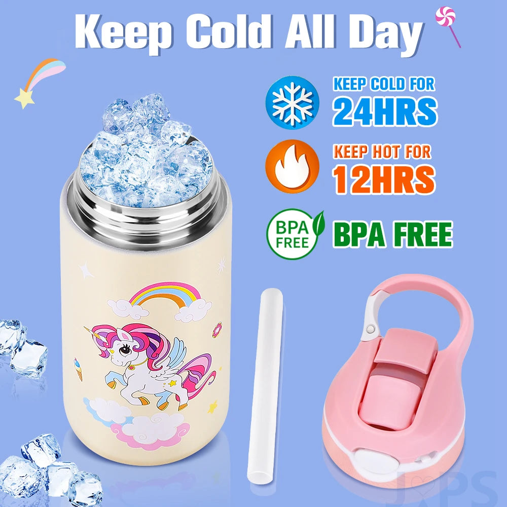 400ML Kids Water Bottle Cartoon Animal Children's Cup With Straw | Stainless Steel Vacuum Flasks Thermos Bottle Thermal Mug Cups | Cute and Practical