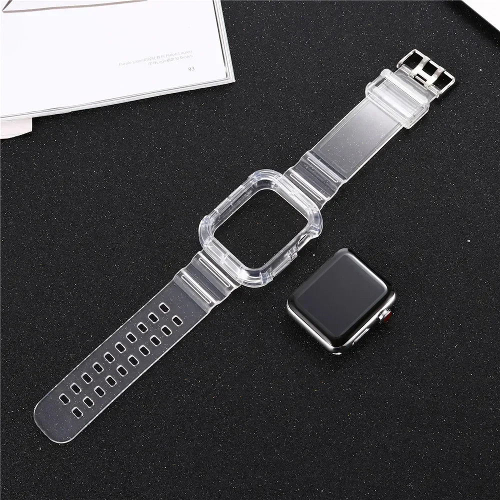 Clear Band + Case for Apple Watch Series 9, 8, 7, 6, SE, 5 | 49mm, 45mm, 44mm, 42mm, 41mm | Transparent Plastic Strap for iWatch 3, 38mm, 40mm | Alo Trendy