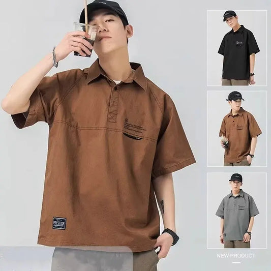 Summer American Vintage Short Sleeve Polo Cargo T-Shirt | Men Loose Casual Polos Homme Tee Tops | Y2K Streetwear Fashion Golf Wear