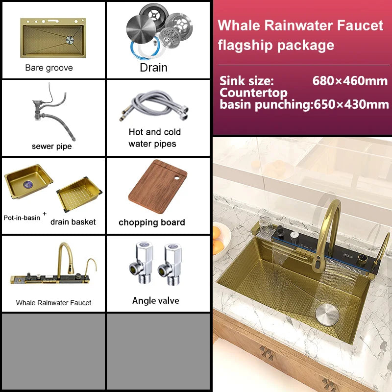 Waterfall Stainless Steel Kitchen Sink With Knife Holder Honeycomb Embossed  Large Single Slot Farmhouse Washing Basin