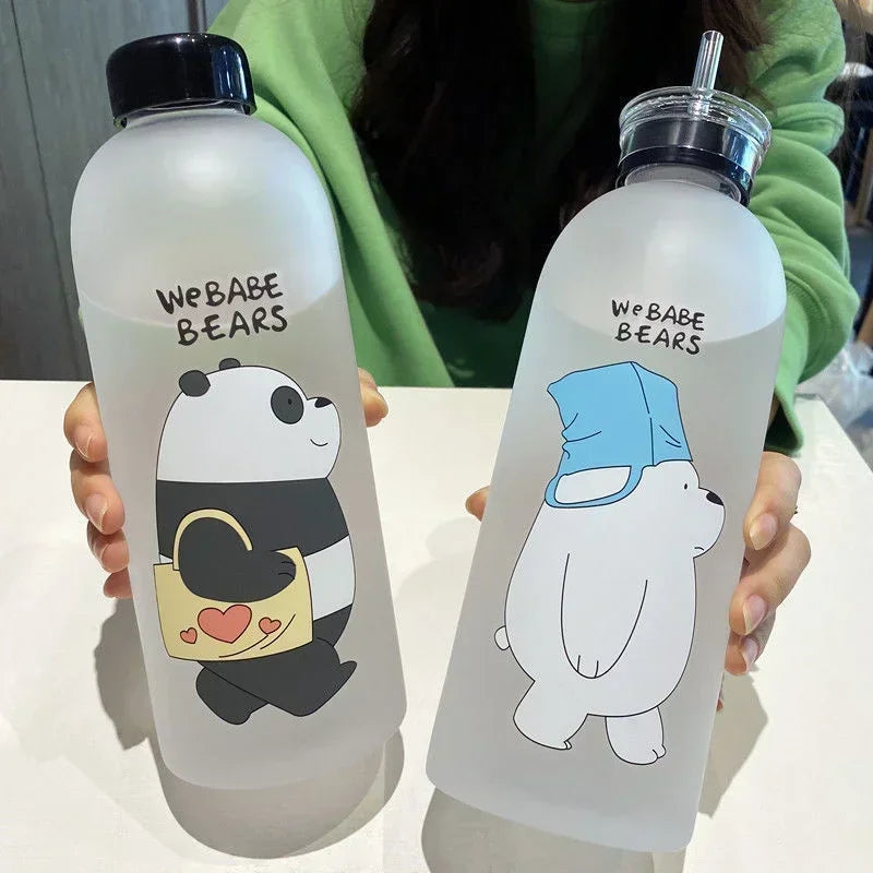 Cartoon Panda Bear Cup 1L Water Bottles | Transparent Cute Drinkware with/without Straw | Frosted Leak-proof Protein Shaker | Alo Trendy