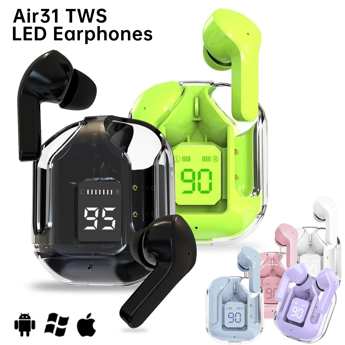 Wireless Bluetooth Headset | Stereo Sound TWS Headphones with LED Digital Display | Transparent Design Noise Reduction Earbuds